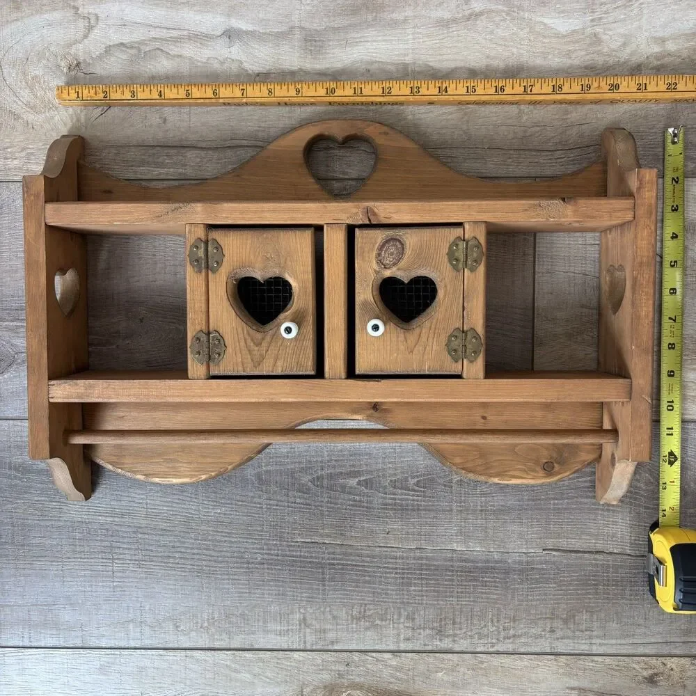 Vtg Wood Heart Door Wall Knick Knack Curio Trinket Shelf Knobs Cottage Farmhouse